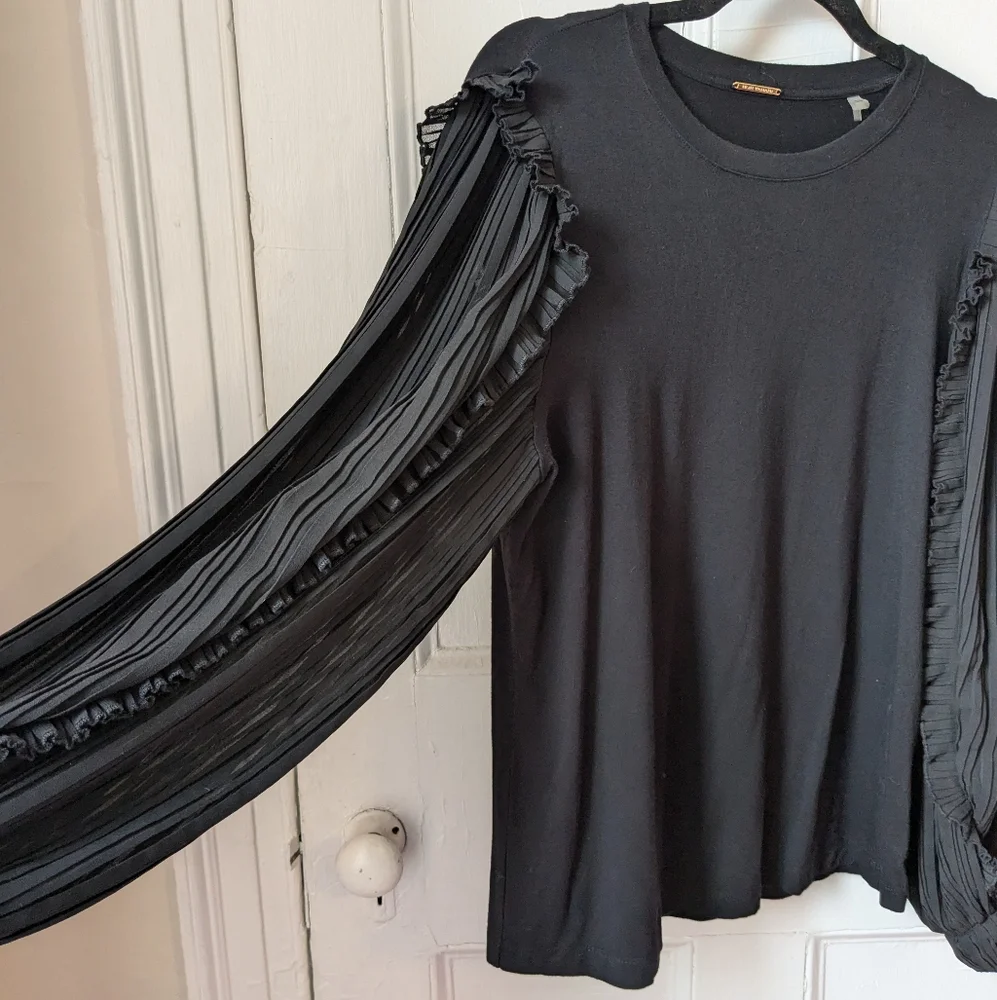 Elie Tahari Black Ruffled Top with Sheer Balloon Sleeves - Size L